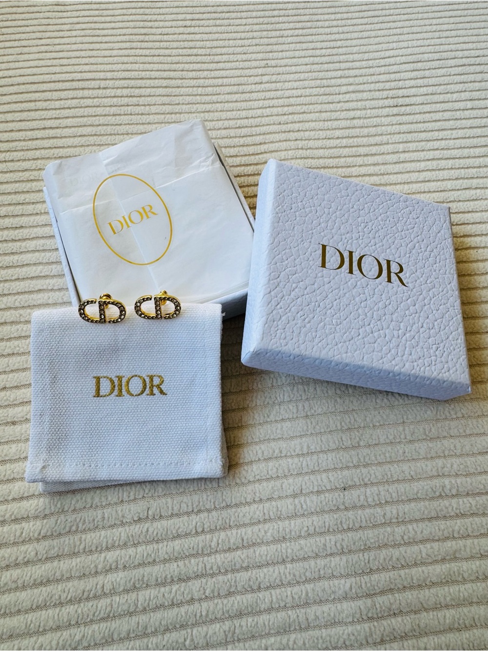 Christian Dior CD Gold and Crystal Stud Earrings with Box and Dust Bag